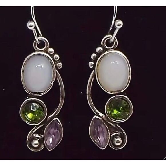 White Resin Green Peridot Purple Amethyst Silver Earrings French Wires Drop - Picture 2 of 3